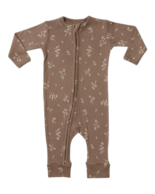 Brown Long-Sleeved Baby Onesie with Flower Design